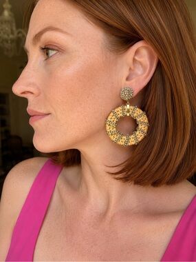 Anthropologie Raffia Rhinestone Hoop Statement Earrings Gold Blue Beaded Boho